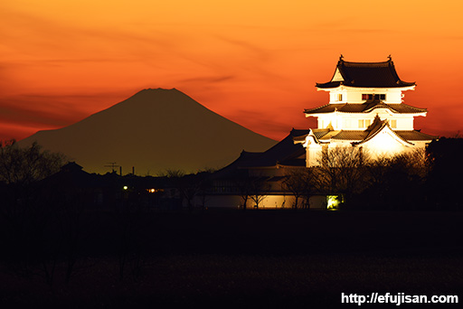 夕景の関宿城と富士山