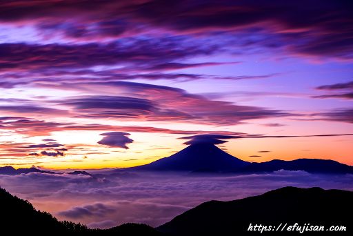 富士山周辺が笠雲、吊るし雲、雲海があり賑やかで美しい