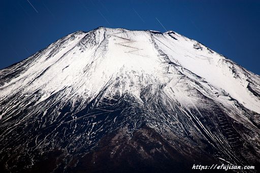 雪化粧した真夜中の富士山をニッコール300㎜F2.8で撮影