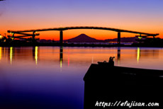 夕景の中之島大橋と富士山