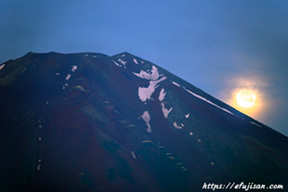 おぼろ月が富士山の裾に沈んでいく様子