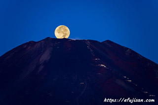 満月が富士山頂に沈むパール富士、月の模様に注目